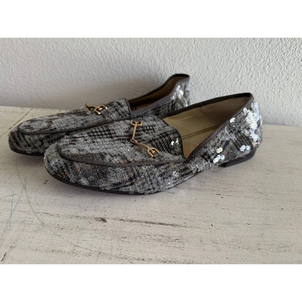 Sam Edelman Loraine Women's Loafers black gray plaid tweed multi sequin sz 9